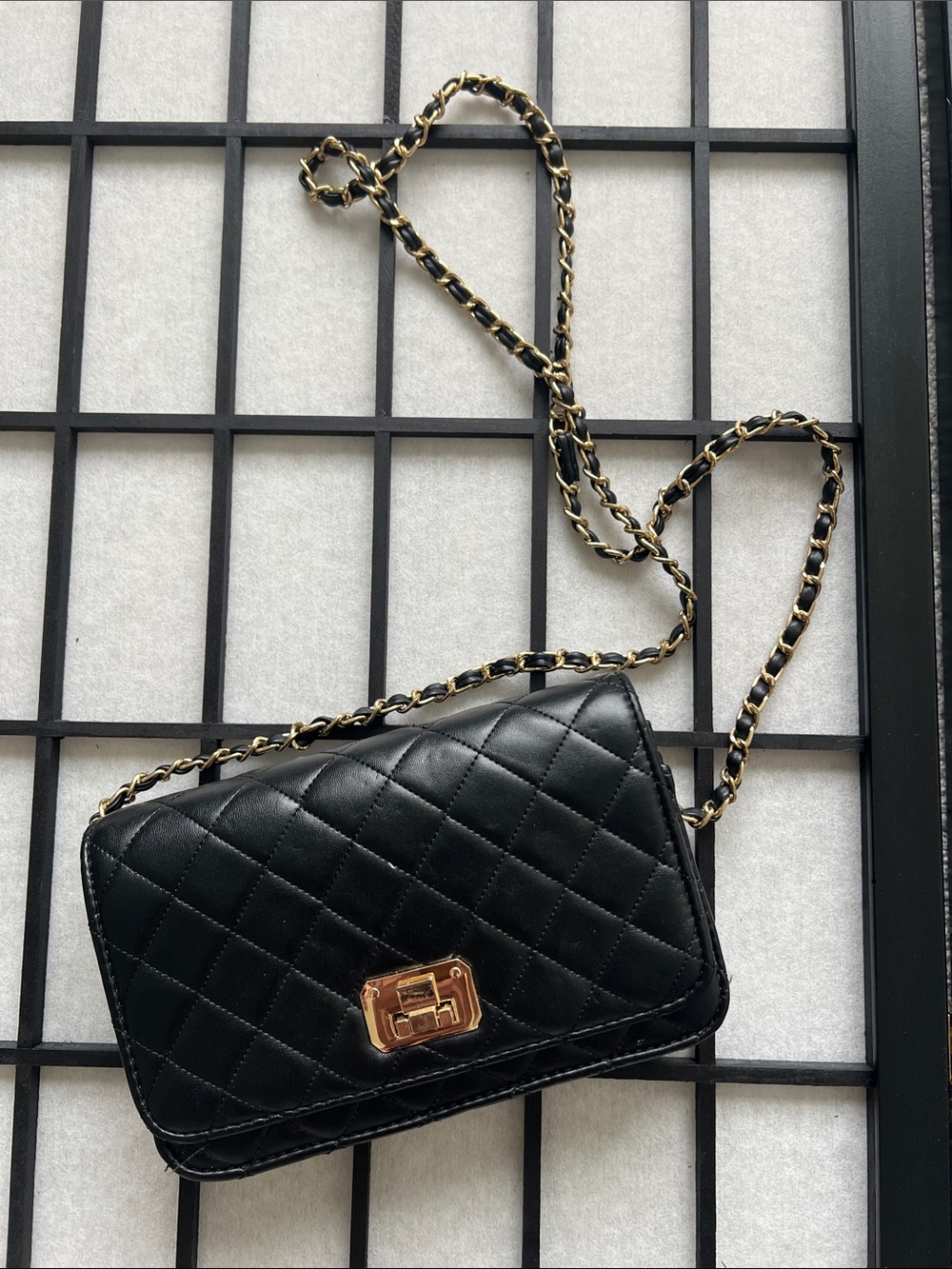 Black Quilted Chain Crossbody Bag with Gold Hardware